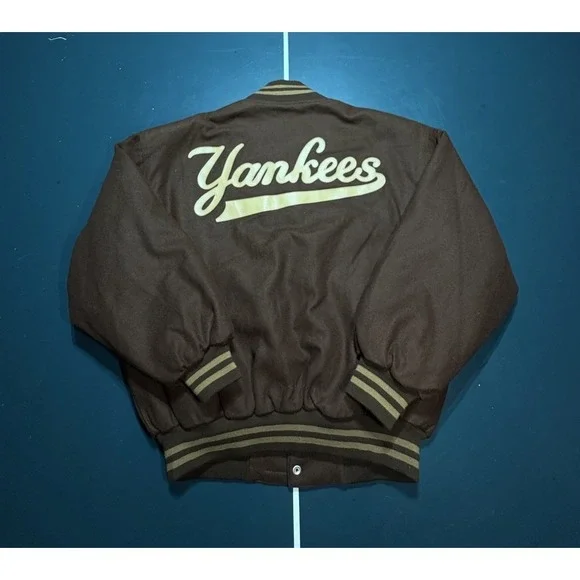 Vintage 90s Jeff Hamilton New York Yankees Wool Bomber Jacket Brown Large Flaws*